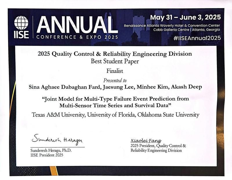 Certificate recognizing Sina Aghaee Dabaghan Fard as a finalist in the 2025 QCRE Best Student Paper competition.