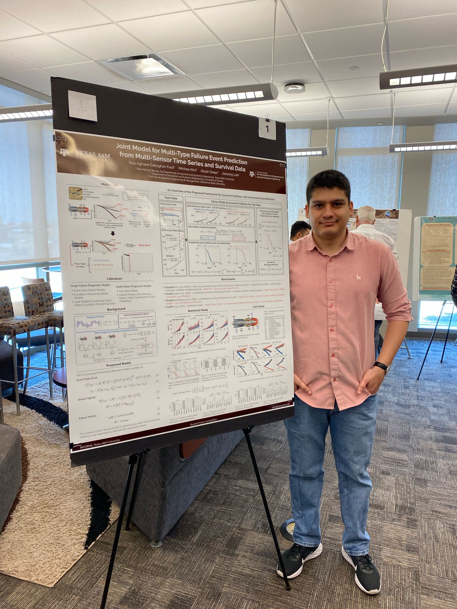 Sina Aghaee Dabaghan Fard standing next to his poster at the Texas A and M ISEN Poster Competition.